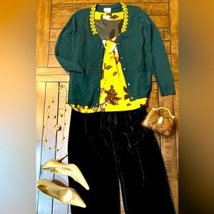 Kate Spade v-neck cardigan with bejeweled neckline and patch pockets.